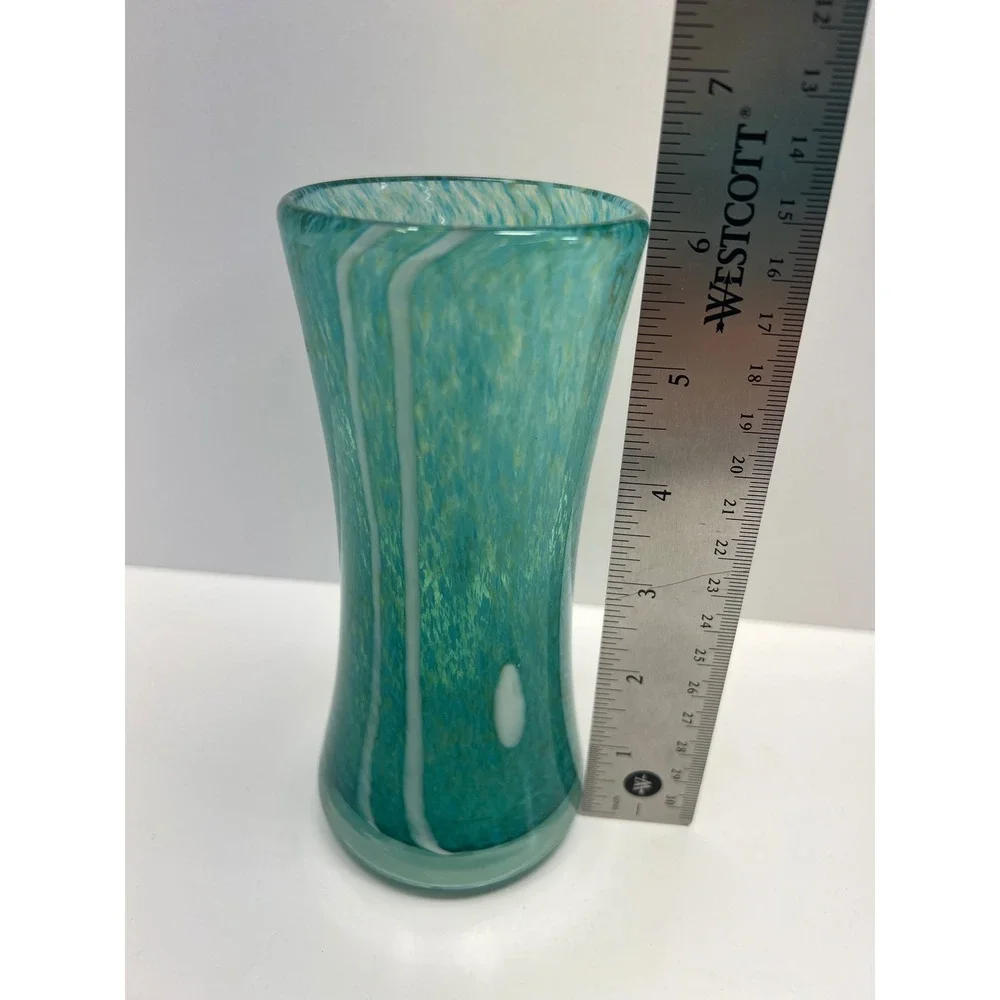 Hand Blown Art Glass Vase Mottled Aqua White Overlays Stretched Tapered Heavy